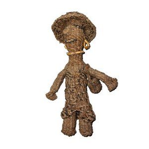 Vintage Wicker Weave Doll With Necklace Earrings Hat And Baby And Back￼